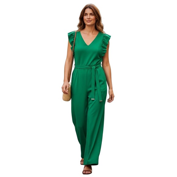 Tommy Hilfiger Green Jumpsuit Women's Ruffle Sleeve V Neck Belted Size 12 - Picture 1 of 16